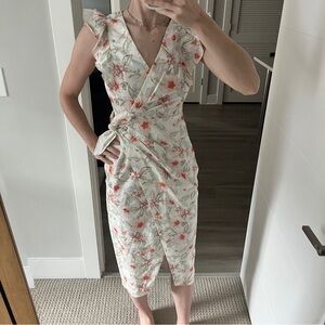 Rebecca Taylor Kamea Dress Floral Ruffle Faux Wrap Midi Linen Blend NWOT